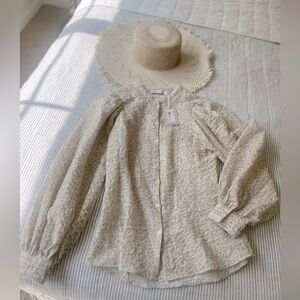 Button Down Crown Cameron Cotton Seersucker Blouse Puffed Sleeve XS Shirt Top